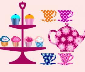 Teapot Teacups and cupcakes Fabric wall decals