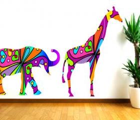 Kids Wall Decals Colorful Elephant and Giraffe Wall Decals