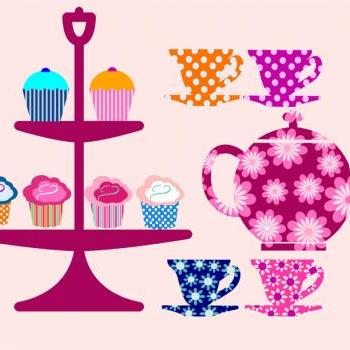 Teapot Teacups and cupcakes Fabric wall decals